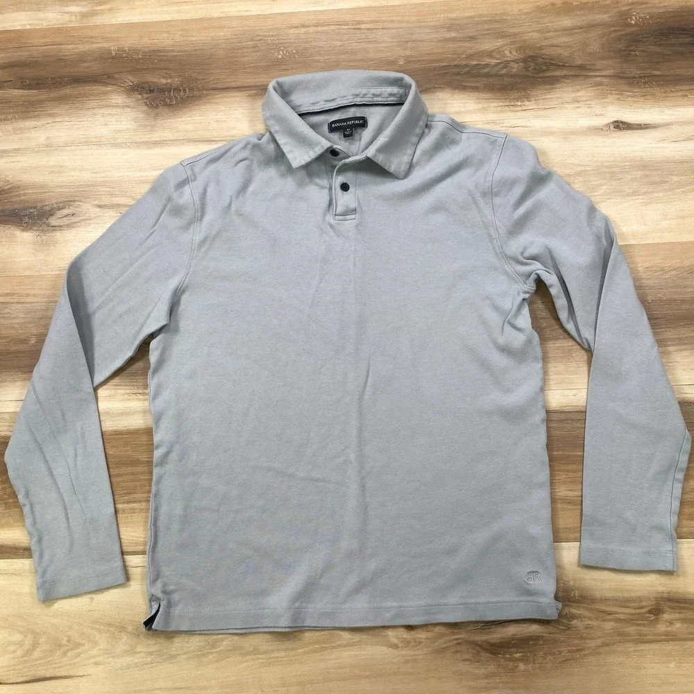 Banana Republic Polo Mens M Classic 100% Cotton Long Sleeve Gray Minimal Casual